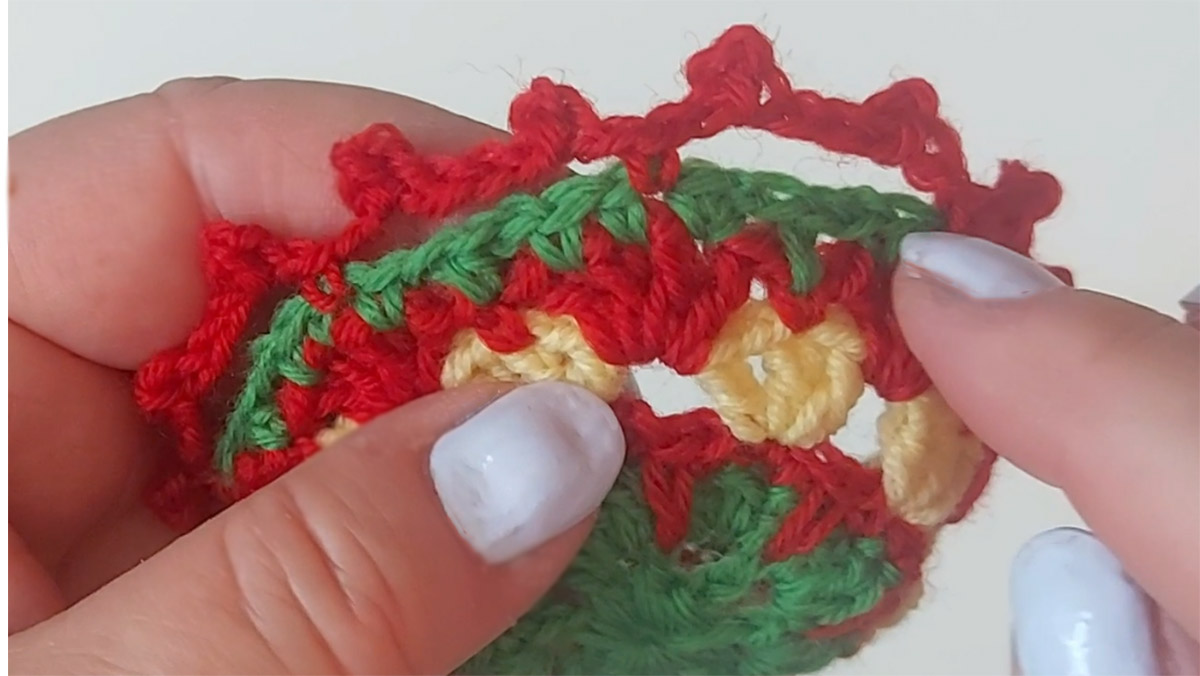 close-up of a crocheted christmas ornament in the making