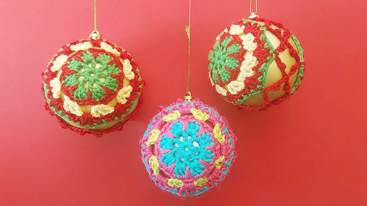 three colorful christmas tree balls